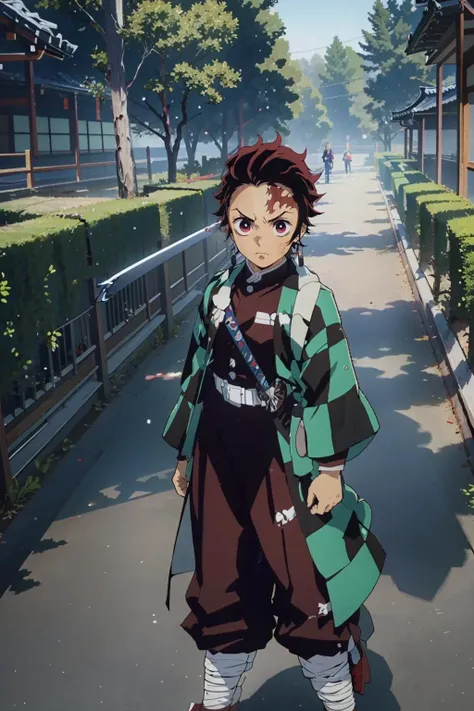 anime character standing on a street with a green and black outfit