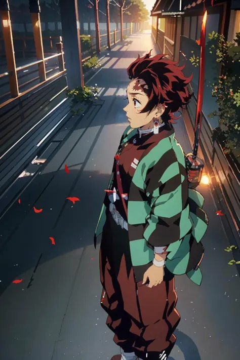 anime boy with a sword standing on a street in front of a building