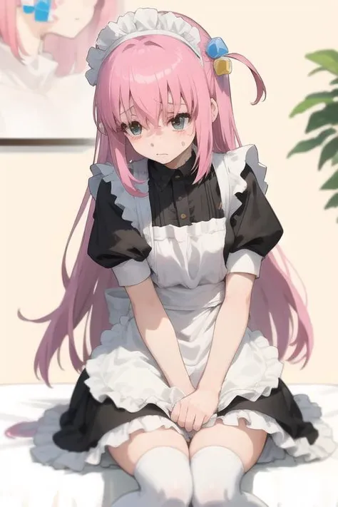 1girl, apron, bow, cube hair ornament, dress, frills,( gloom expression), hair ornament, long hair, looking away, maid, maid apron, maid headdress, mary janes, one side up, pink hair, shaded face, shoes, short dress, solo, sweatdrop, thighhighs, white thig...