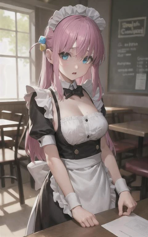 (sfw), (masterpiece:1.2), best quality, masterpiece, highres, extremely detailed wallpaper, (ultra-detailed), (best illustration), (best shadow), (realism), coffee shop, cafe, 1girl, suzuno, hair ornament, cube hair ornament, blue eyes, pink long hair, ban...