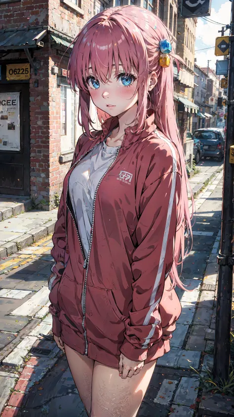 standing,cityscape,street,alleyway,lamppost,<lora:gotou_hitori:1>,
hair ornament, cube hair ornament, blue eyes, pink long hair, pink track jacket, bangs, hair between eyes,
shy,blush,, masterpiece, best quality,, masterpiece,bestquality,highlydetailed,ult...