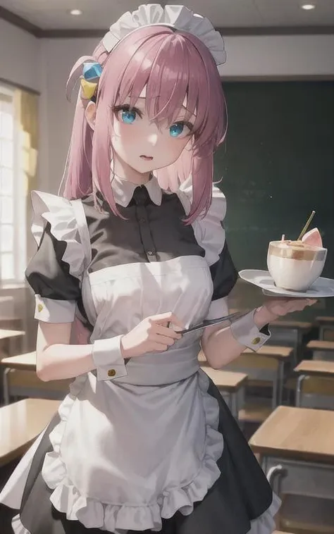 (sfw), (masterpiece:1.2), best quality, masterpiece, highres, extremely detailed wallpaper, (ultra-detailed), (best illustration), (best shadow), (realism), classroom, cafe, 1girl, suzuno, hair ornament, cube hair ornament, blue eyes, pink long hair, bangs...