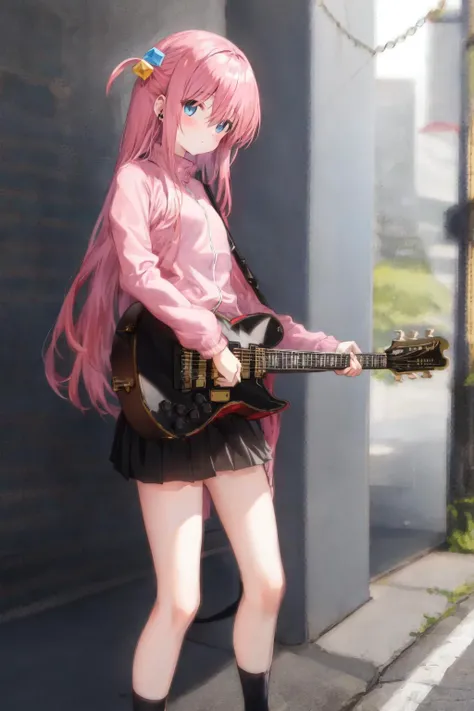 street,masterpiece, best quality, 1girl, bangs, black skirt, black socks, blue eyes, cube hair ornament, earphones, facing viewer, feet out of frame, hair between eyes, hair ornament, (holding guitar:1.4), long hair, long sleeves, pink hair, pink jacket, p...