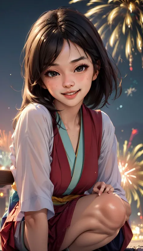 masterpiece, best quality,  MakinoMaria, 1girl, japanese clothes, tanabata, night, laughing, dimple,  <lora:epiCRealismHelper:1>  <lora:add_detail:0.5> , <lora:people_count_slider_v1:2>, closed mouth, squatting, on front, close-up, holding fireworks, natur...