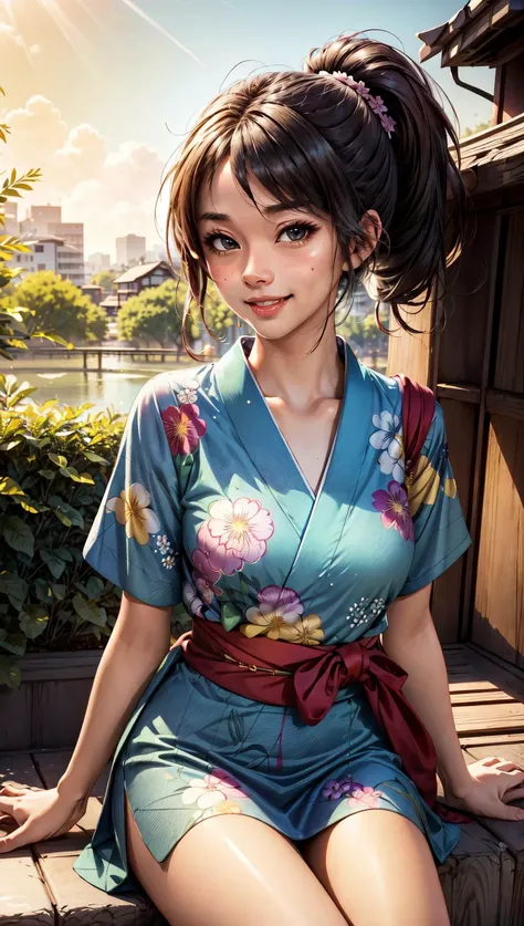 masterpiece, best quality,  MakinoMaria, 1girl, summer, summer uniform,  smile,  dimple, floral print,  <lora:epiCRealismHelper:1>  <lora:add_detail:0.7> , outdoors,  japan, ponytail,