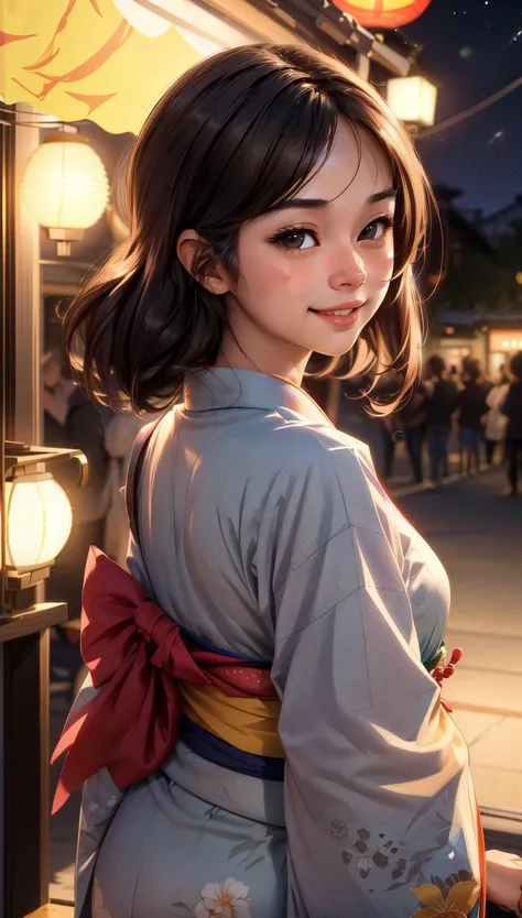 masterpiece, best quality,  MakinoMaria, 1girl, japanese clothes, tanabata, night, lantern,  smile, dimple,  <lora:epiCRealismHelper:1.1>  <lora:add_detail:0.5> , from behind,  close-up, <lora:people_count_slider_v1:2>, closed mouth,