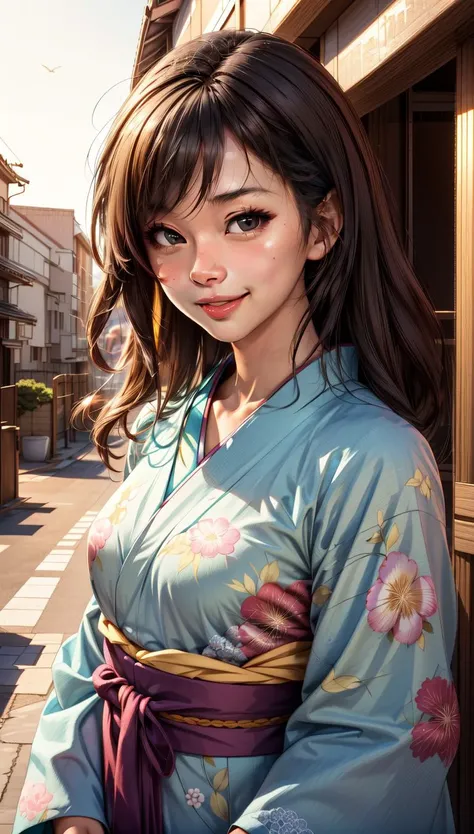 masterpiece, best quality,  MakinoMaria, 1girl, japanese clothes, evening, smile,  dimple, floral print,  <lora:epiCRealismHelper:1>  <lora:add_detail:0.7> , outdoors,  japan, hair tie,