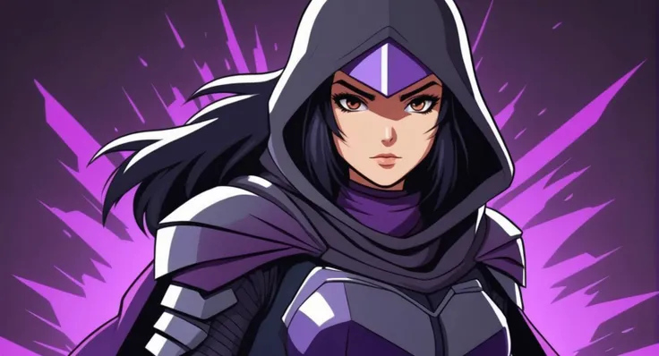 anime artwork of (Cinematic Film stock footage style) in (arri alexa style) (Kodak film print style),
 <lora:Shredder:1> Shredder
1 female supervillain and the main antagonist of the Teenage Mutant Ninja Turtles
purple cape, grey black armour, anime style,...