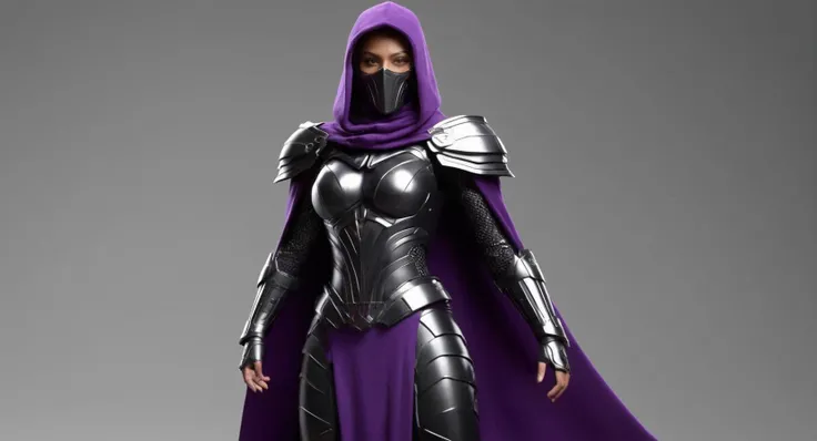 professional 3d model of (Cinematic Film stock footage style) in (arri alexa style) (Kodak film print style),
 <lora:Shredder:1> Shredder
1 female supervillain and the main antagonist of the Teenage Mutant Ninja Turtles
purple cape, grey black Armour, octa...