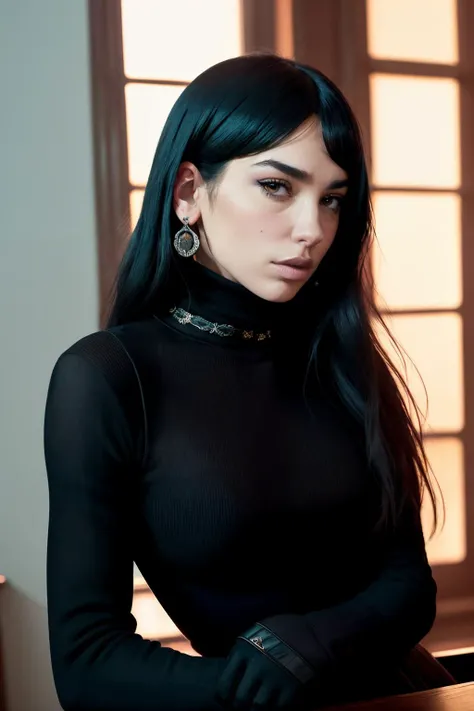 A stunning intricate full color portrait of duaLipa1 , wearing a black turtleneck, epic character composition, by ilya kuvshinov, alessio albi, nina masic, sharp focus, natural lighting, subsurface scattering, f2, 35mm