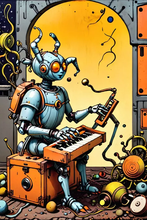 cartoon illustration of a robot playing a keyboard in a room