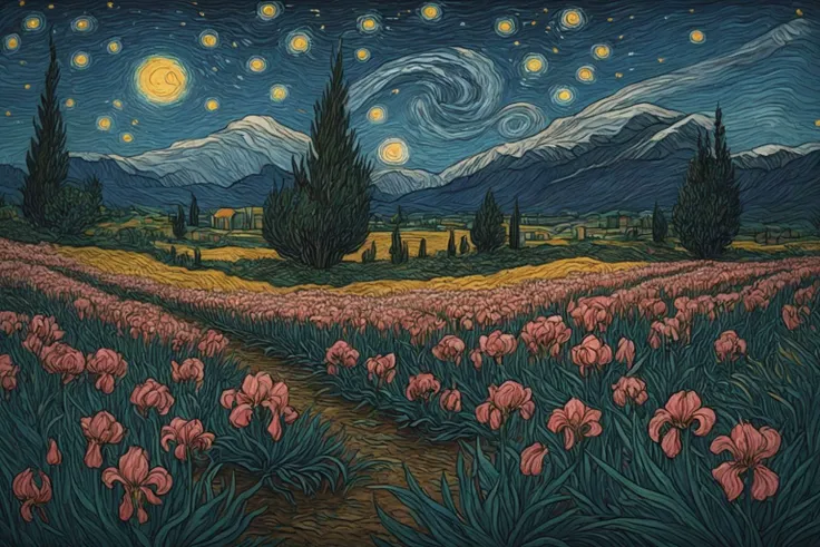 starry night over a field of flowers with a path leading to the mountains