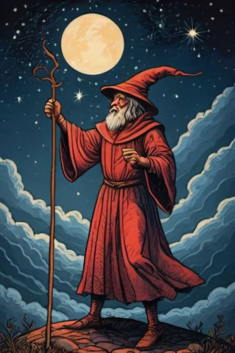 a wizard with a staff standing on a rock in front of a full moon