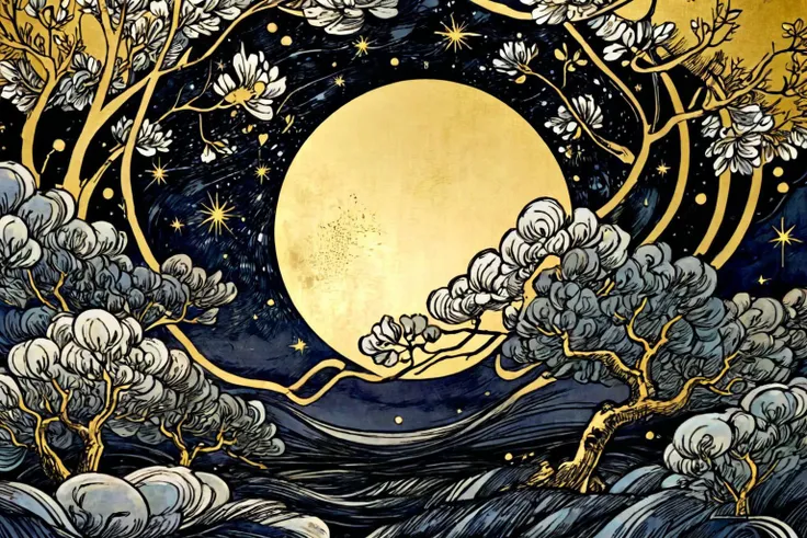 a close up of a painting of a full moon with trees