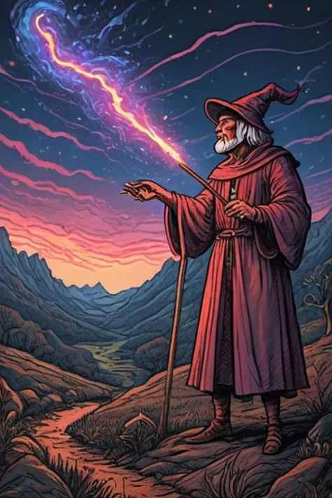 a wizard with a staff and a wand in his hand