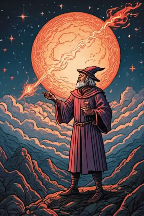 a man in a red robe holding a wand and standing on a rock