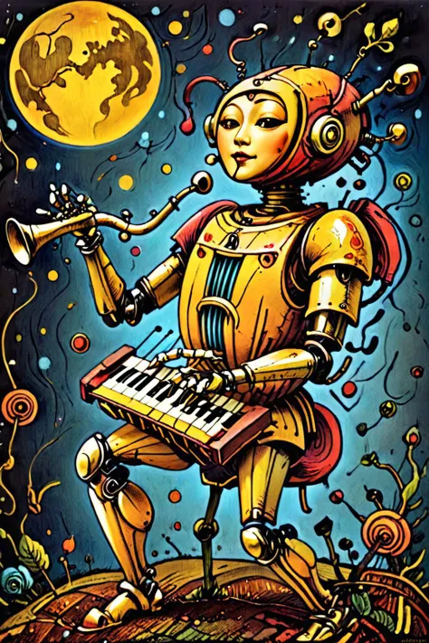 a painting of a robot playing a keyboard in front of a full moon