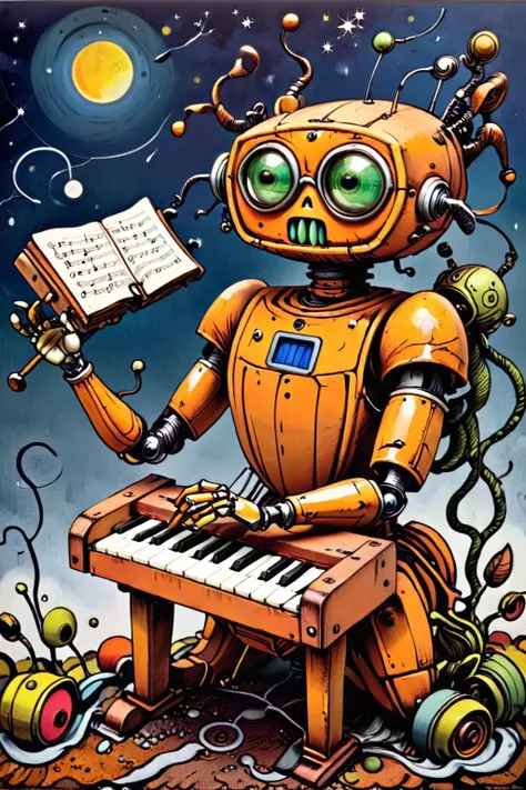 a cartoon robot playing a piano with a book and a mouse