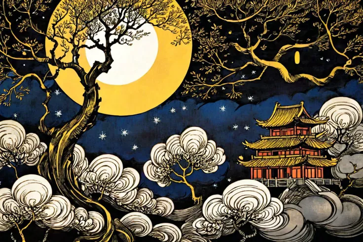 abstract art,(style of Yuko Shimizu:1.3),gold theme,dark sky,dark stars,moon,tree,cloud,chinese traditional scenery,<lora:linquivera:0.8>,linquivera,liiv1,<lora:Munteanu_style:0.8>,till Eulenspiegel,by Val Munteanu,Val Muntenau illustration,, (masterpiece,...
