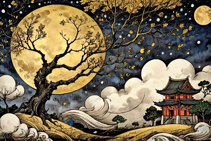 abstract art,(style of Yuko Shimizu:1.3),gold theme,dark sky,dark stars,moon,tree,cloud,chinese traditional scenery,<lora:linquivera:0.8>,linquivera,liiv1,<lora:Munteanu_style:0.8>,till Eulenspiegel,by Val Munteanu,Val Muntenau illustration,<lora:ParchartX...