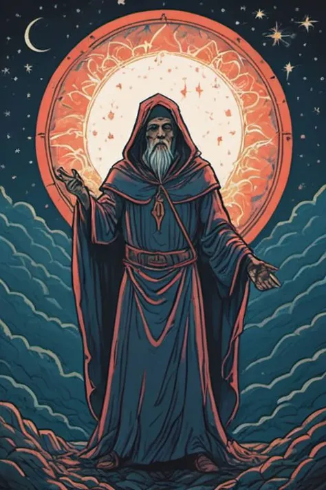 a poster of a man in a robe standing in front of a full moon