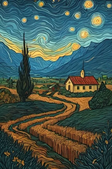 a painting of a house in the middle of a field with a starr sky