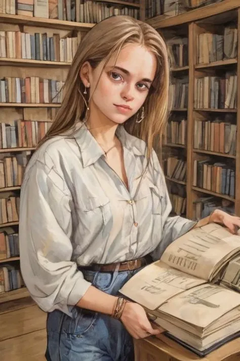 a painting of a woman holding a book in a library