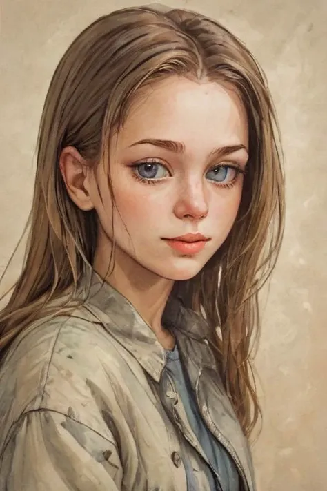 a painting of a girl with blue eyes and a jacket