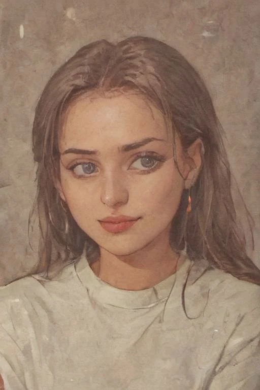 painting of a woman with long hair and blue eyes posing for a picture