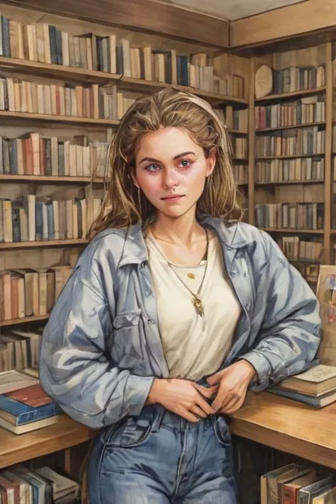 a painting of a woman sitting in front of a book shelf