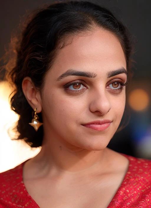 closeup portrait of skswoman, happy, background night sky epic (photo, studio lighting, hard light, sony a7, 50 mm, matte skin, pores, colors, hyperdetailed, hyperrealistic), <lyco:Nithya Menon:1.1>