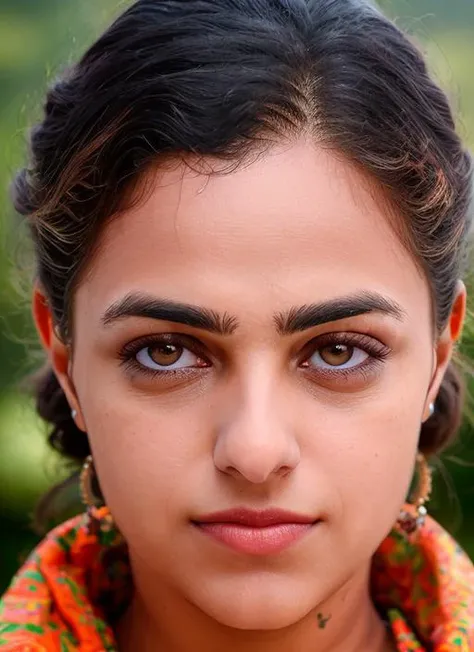 closeup portrait of skswoman, happy, background mountain epic (photo, studio lighting, hard light, sony a7, 50 mm, matte skin, pores, colors, hyperdetailed, hyperrealistic), <lyco:Nithya Menon:1.1>