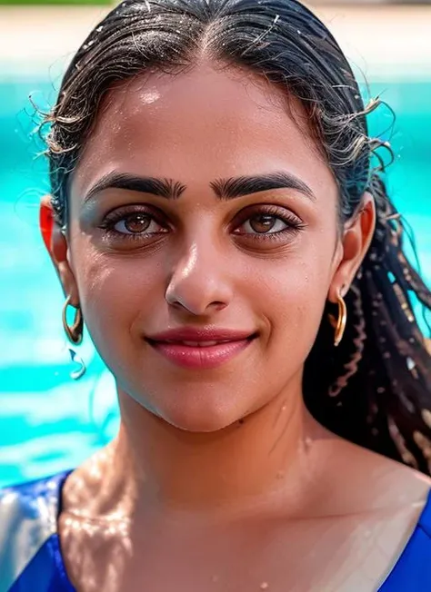 closeup portrait of skswoman, happy, background swimming pool epic (photo, studio lighting, hard light, sony a7, 50 mm, matte skin, pores, colors, hyperdetailed, hyperrealistic), <lyco:Nithya Menon:1.1>