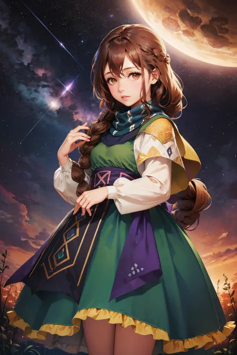 masterpiece, best quality, <lora:nolva-nvwls-v1-000010:0.9> nolva, single braid, green dress, long sleeves, standing, cowboy shot, night sky, stars, purple sky, forest, glowing, looking at viewer