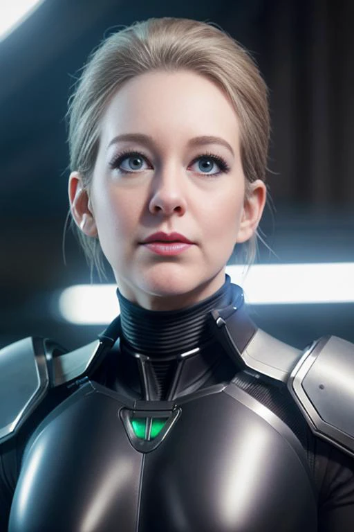 realistic professional photo of a 311z483thh01m35 frowning and wearing a futuristic cop outfit, skin texture, detailed face, (black mascara, dramatic celebrity makeup), light bokeh, sharp focus