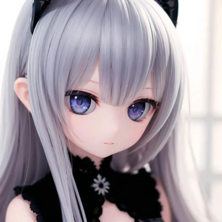 a close up of a doll with long hair and blue eyes