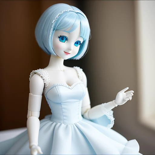 there is a doll that is wearing a blue dress and holding a hand