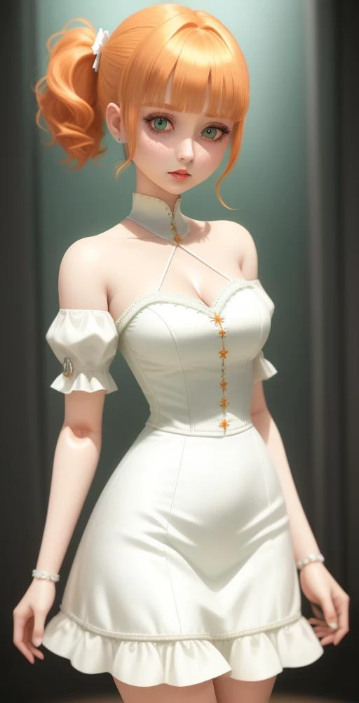 (cowboy shot,short hair,4349:1)
1girl, solo, chibi, ponytail, short_hair, green_eyes, looking_at_viewer, white_dress, full_body, hair_ornament, blush, orange_hair, bangs, single_side_ponytail, side_ponytail, doll_joints, Ball_jointed_doll, bjd, photorealis...