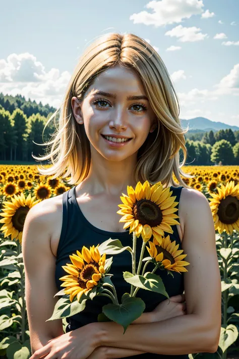 ((ultra detailed, masterpiece, best quality))
 <lora:DarkPicturesRachel:0.8>
DarkPicturesRachel, 1girl, solo, blonde hair, surrounded by sunflowers in a bright field, smiling, happy