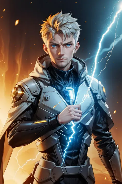 a man in armor holding a lightning bolt in his hand