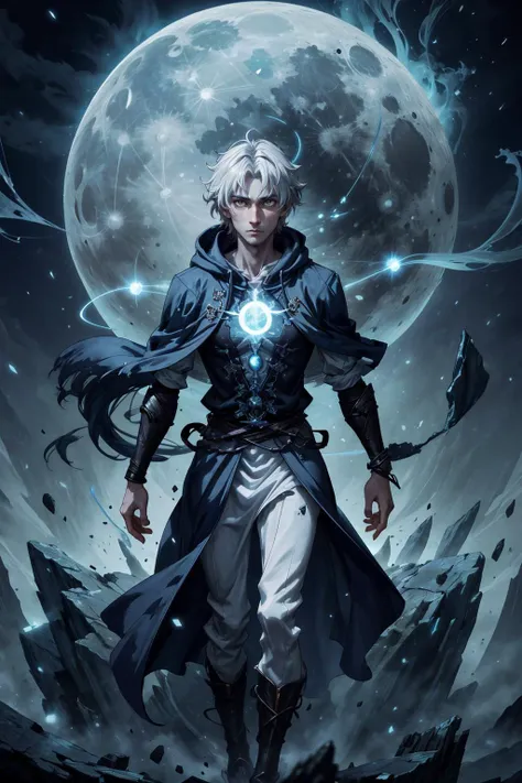 a man with white hair and a blue cape standing in front of a full moon