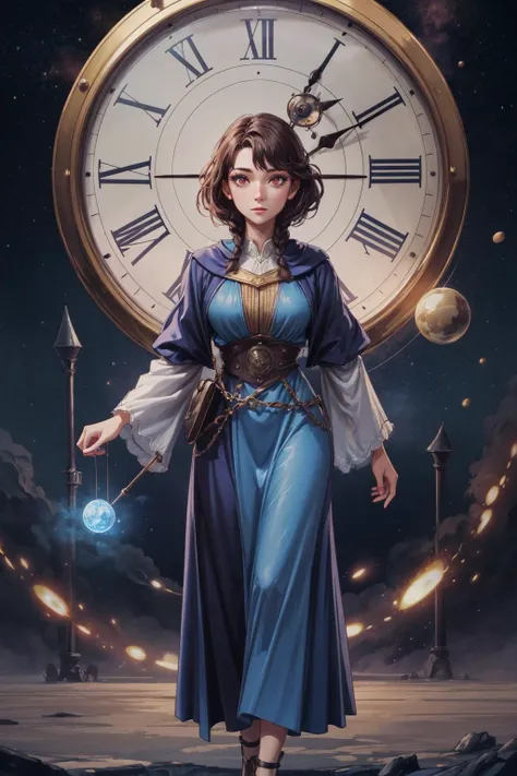 a woman in a blue dress is walking in front of a clock