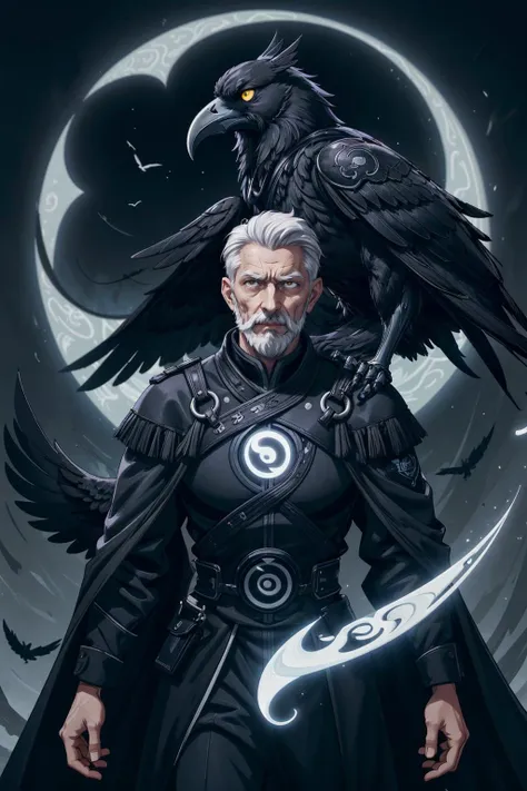 a man with a crow on his shoulder standing in front of a full moon