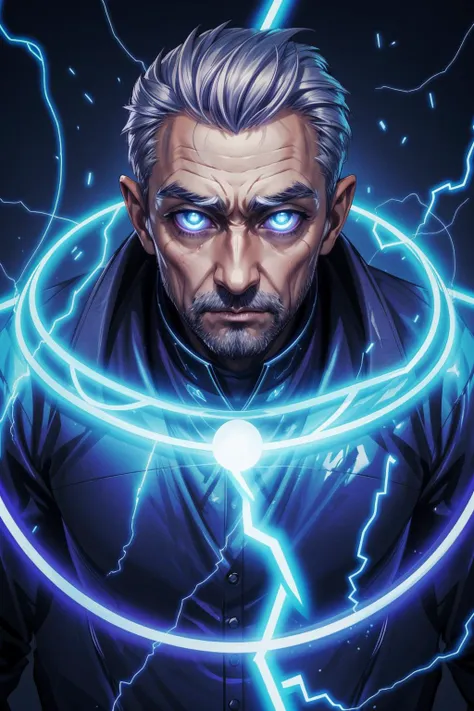 a man with a blue ring around his neck and a lightning bolt