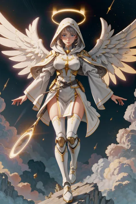 a woman with angel wings and a sword standing on a rock