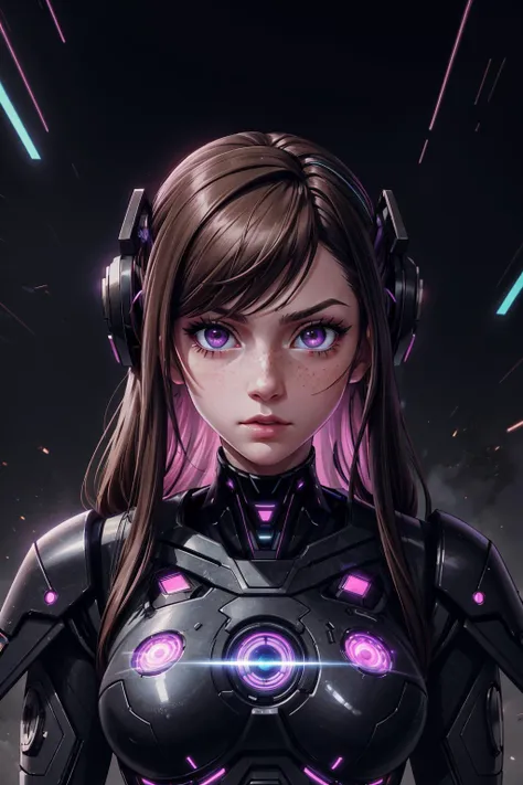 a woman in a futuristic suit with headphones and glowing eyes