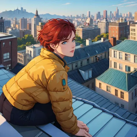 Woman, rooftop, overlooking city