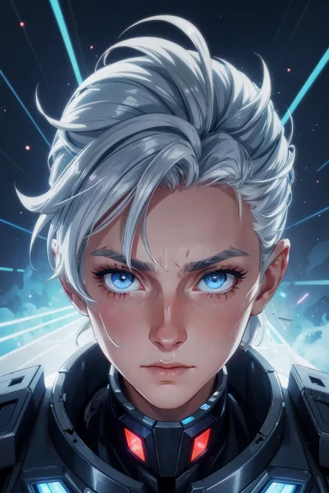 a close up of a person with white hair and blue eyes