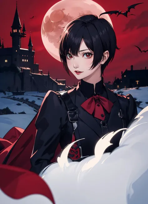 1girl, solo, <lora:komoshuaiv2_lora-06:0.9>, komoshuai, short hair, vampire, red moon, castle,