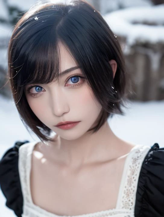 masterpiece, best quality,cowboy shot,realistic,1girl, solo,Exquisite face and eyes,standing, arms behind back,parted lips,black hair,black eyes,short hair, seifuku,looking at viewer, outdoors, snow,  <lora:shuaiyinyin-000004:1>